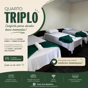 a flyer for a hotel with two beds in a room at Marina's Pousada in Pasto da Mata