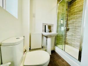 a bathroom with a toilet and a sink at MK WhiteHouse cottage in Milton Keynes
