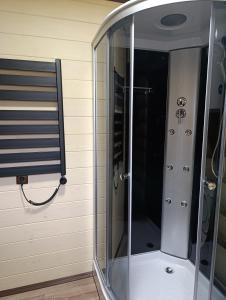 a shower with a glass enclosure in a room at Тихий світанок in Synevyrsʼka Polyana
