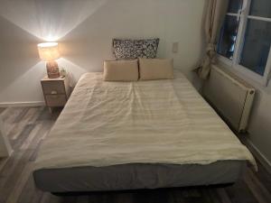 a large bed in a room with a lamp at Clos fleury in Cluny +6 photos