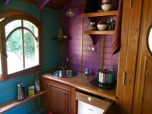 a kitchen with purple walls and a sink in a room at La Roulotte du Fier in Annecy