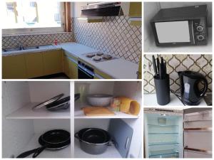a collage of pictures of a kitchen with a stove and a microwave at La Doudou Maison à louer in Mons