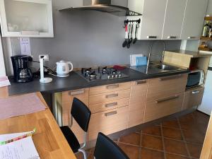 a kitchen with a stove and a sink and a table at Da Nenna Bilocale indipendente in Pescantina +8 photos
