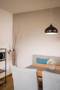 a dining room with a table with chairs and aendant light at WEINBERG APARTMENTS & Brixen Südtirol Guest Pass in Natz-Schabs