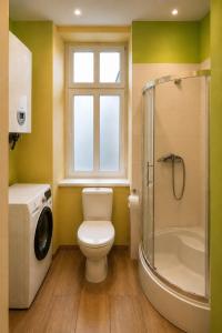 a bathroom with a toilet and a shower and a window at MieszkaStreet kawalerka in Gniezno