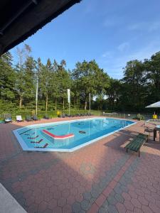 a large swimming pool with a bench next to it at Het Roodborstje in Holten