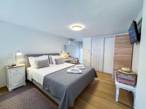a bedroom with a bed and a television in it at Thalassa loft in Tolo in Tolo