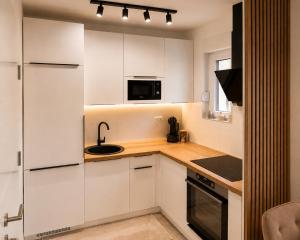 a white kitchen with a sink and a microwave at Veles in Banja Koviljača