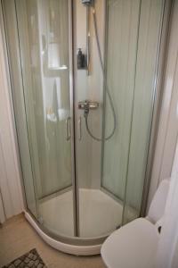 a shower with a glass door in a bathroom at Erkin Haussi in Ilmajoki