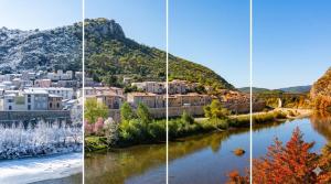 four different views of a river and a city at Entre Bois & Cévennes in Anduze