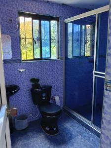 a bathroom with a toilet and a glass shower at villa veronica in Sasaima