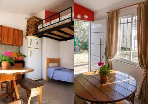 a kitchen and a living room with a table and a bunk bed at LOFT Huayna picchu in La Falda