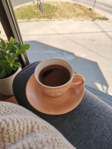 a cup of coffee sitting on a plate on a table at Staša Apartmani in Novi Pazar