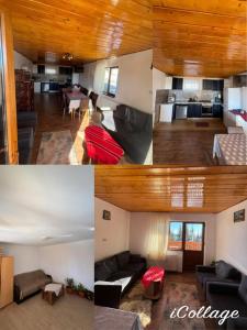 a collage of photos of a living room and kitchen at Pensiunea Casa OLLY in Muntele Cacovei