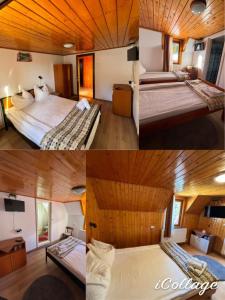 a collage of three pictures of a hotel room at Pensiunea Casa OLLY in Muntele Cacovei