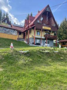 a large house with a green field in front of it at Pensiunea Casa OLLY in Muntele Cacovei +4 photos