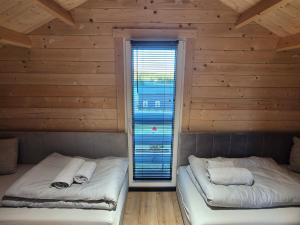 two beds in a room with wooden walls at Domek Dolina Żurawia in Borzynowo +65 photos