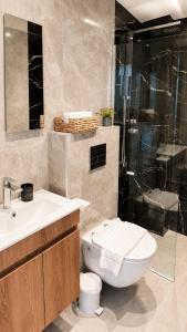 a bathroom with a toilet and a sink and a shower at Ambra Luxury Suite 15 in Kallithea Halkidikis +4 photos