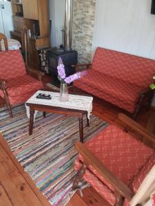 a living room with a couch and a table with flowers at Cabañas casa blanca in Laraquete