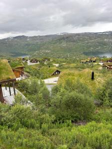 a view of a village with grass roofs at Utsikten in Vågsli