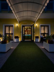 a lobby with a green carpet in front of a building at Hotel Dream in Rimini