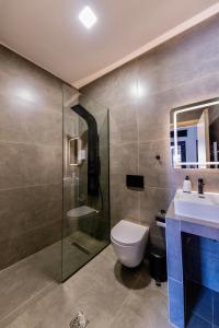 a bathroom with a shower and a toilet and a sink at Frourio Lodge A3 in Larisa +10 photos