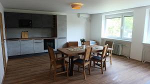a kitchen and dining room with a table and chairs at Na břehu Olše in Český Těšín