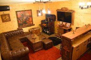 a living room with a leather couch and a television at Komitski Konak & Spa in Plešanci