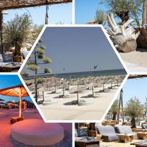 a collage of photos of a beach with chairs and tables at Summerland Sea & Lake in Mamaia
