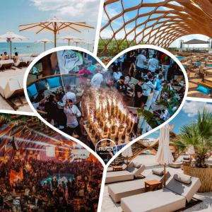 a collage of photos with people at a party at Summerland Sea & Lake in Mamaia