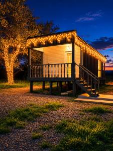 a small cabin with christmas lights on the porch at Panorama Hrytsulivka in Vorokhta +5 photos