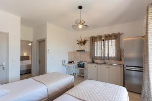 a kitchen with two beds and a sink in a room at Tsimiklis Apartments in Finikounta