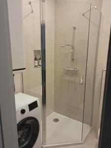 a shower with a glass door next to a washing machine at Radnóti Apartman Győr in Győr