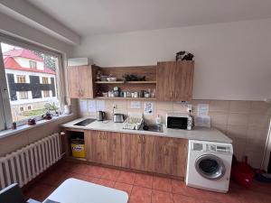 a kitchen with a sink and a washing machine at Sporthostel Scandinavia in Prague