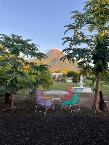 four chairs and a table with a mountain in the background at Finca El Monasterio in Rivas