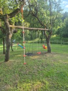 a swing set in a park with two trees at Domacinstvo Pecina Petnica in Petnica