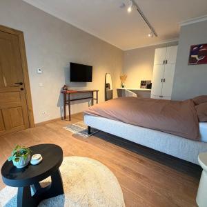 a bedroom with a bed and a desk with a television at La Petite Suite - Unique Guesthouse in Schilde