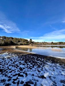 a body of water with snow on the shore at Estrellas de la Laguna in Villa Pehuenia