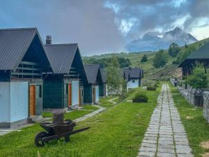 a small village with houses and a wheelbarrow in the grass at Katun Komovi in Andrijevica