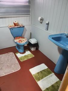 a bathroom with a blue toilet and a sink at Cabañas casa blanca in Laraquete +24 photos