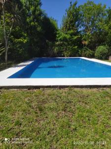 a blue swimming pool in a yard with trees at El buho in Roldán +10 photos