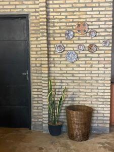 a plant in a pot next to a brick wall at Monoambiente Privado in Luque