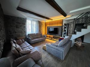 a living room with two couches and a television at Villa Kazbegi in Tkarsheti