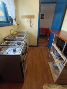a kitchen with a stove and a sink at Cabaña Aldea 31 in Coihaique
