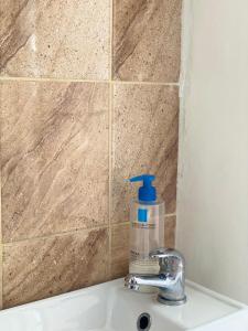 a bottle of mouthwash sitting on a bathroom sink at Zserbó lak in Kisapostag +24 photos