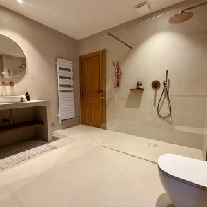 a bathroom with a shower and a toilet and a sink at La Petite Suite - Unique Guesthouse in Schilde