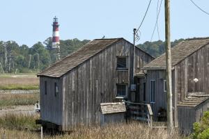 two wooden buildings in a field with a chimney at Lighthouse Overlook in Birch Town