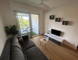 a living room with a couch and a tv at Magnifique appartement à Fréjus in Fréjus