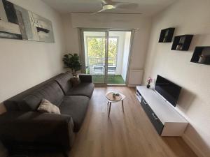 a living room with a couch and a television at Magnifique appartement à Fréjus in Fréjus