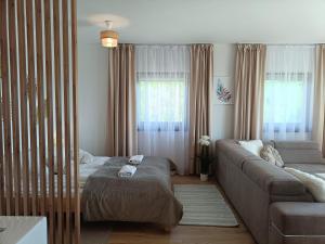 a living room with a bed and a couch at Apartament Dwa Słońca in Gliczarów